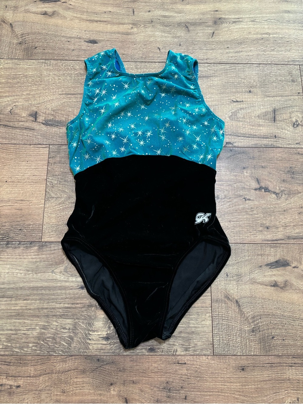 GK Teal Starburst & Black Velvet Gymnastics Leotard